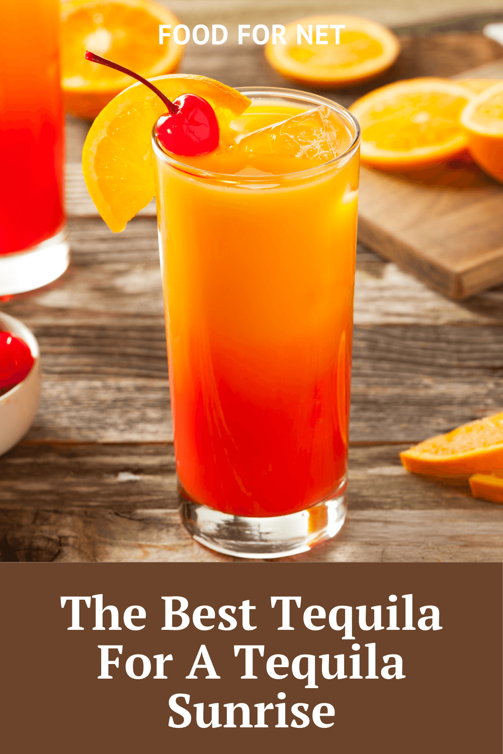 Best Tequila For a Tequila Sunrise. Two tequila sunrises on a table with cherries and orange slices