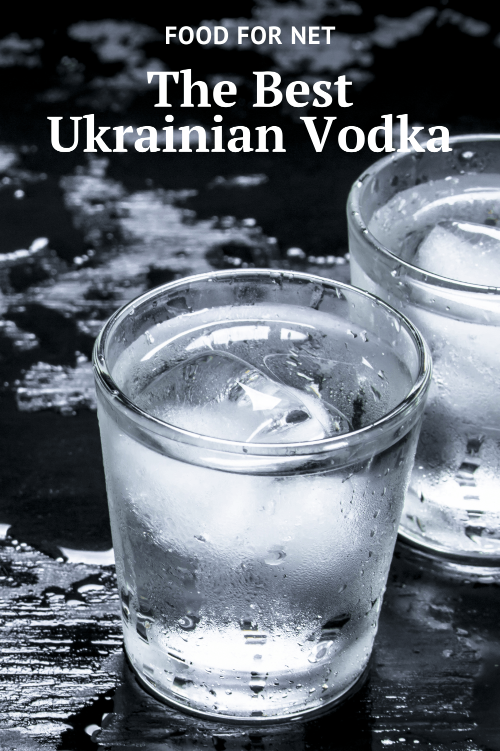 Best Ukrainian Vodka. A few shot glasses of vodka on a black table with ice or water