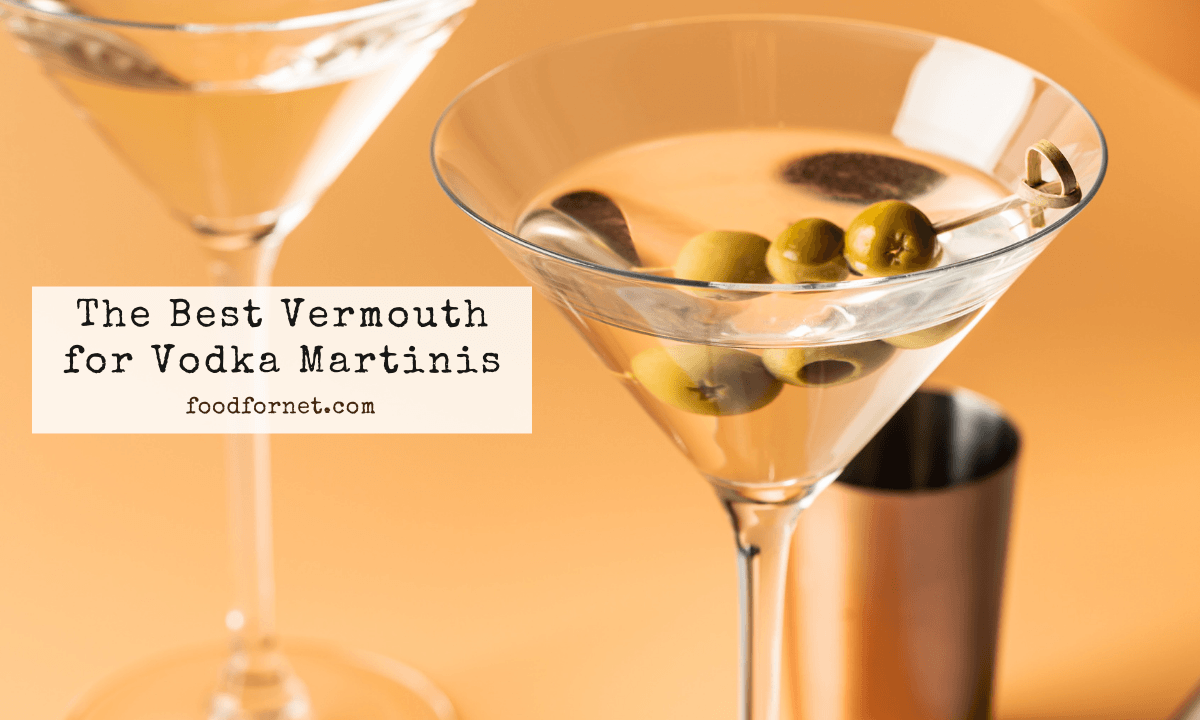 Two vodka martinis made with the best vermouth, with three olives each as a garnish