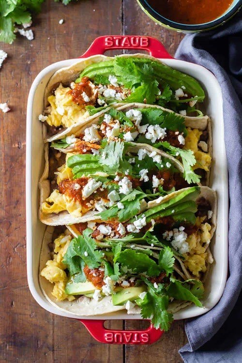 A large dish containing some amazing breakfast tacos