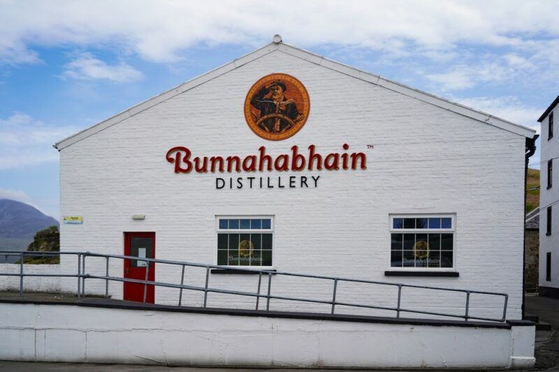 The Bunnahabhain distillery with an orange logo