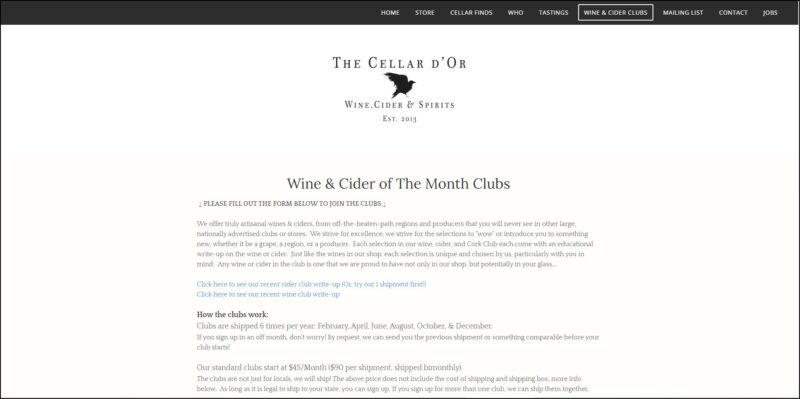 screenshot of The Cellar d'Or Cider Club's web page, dominantly white page with black header bearing the main menu immediately followed by the website's name and logo, the page is showing the information about Wine & Cider of The Month Clubs.