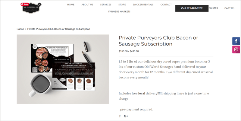 screenshot of The Fermented Pig Private Purveyors Club's web page, dominantly white page with the website's logo on top along with the main navigation menu, the page displays the details of the club subscription accompanied with an image showing contents of the subscription box.