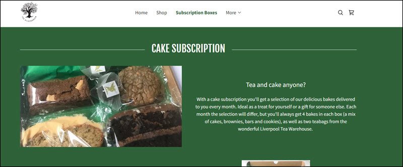 The Gildergreen Cake Subscription, with a green background showing four small cakes in a box.