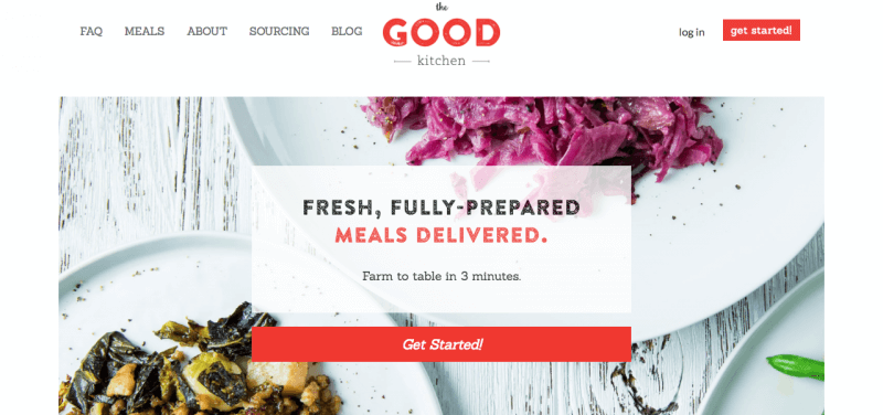 The Good Kitchen website screenshot showing two meals, one containing red cabbage.