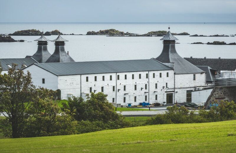 A far off view of the large Laphroaig distillery in Scotland