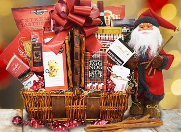 The Passion And Wine Christmas Gift Basket | Food For Net Old-fashioned Santa next to a basket