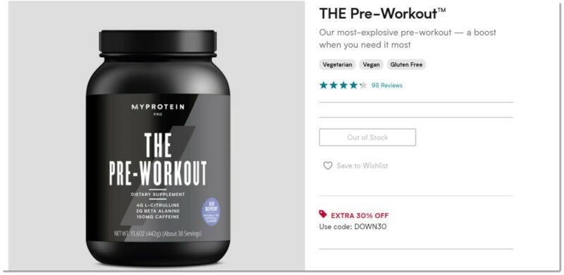 The Pre Workout, showing details about the supplement and an image of it