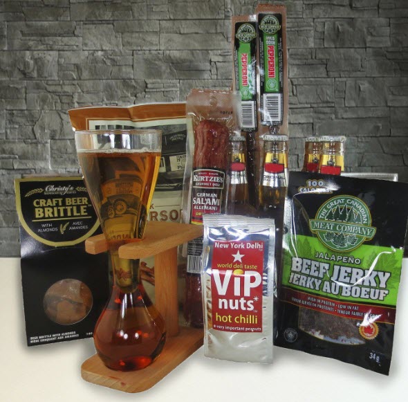 A selection of products including bottles of beer, snacks and a quarter yard glass (with stand)