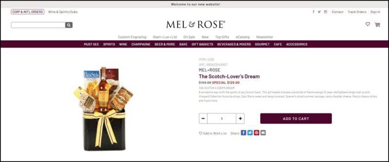 A website screenshot showing the Bourbon Lovers Dream from Mel & Rose