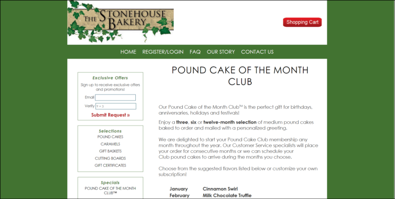 screenshot of The Stonehouse Bakery Pound Cake of the Month Club's web page that is mainly white and green, the website's name/logo can be seen on top in white header followed by the main navigation menu in green bar, the white main content area shows the details of the pound cake subscription plans