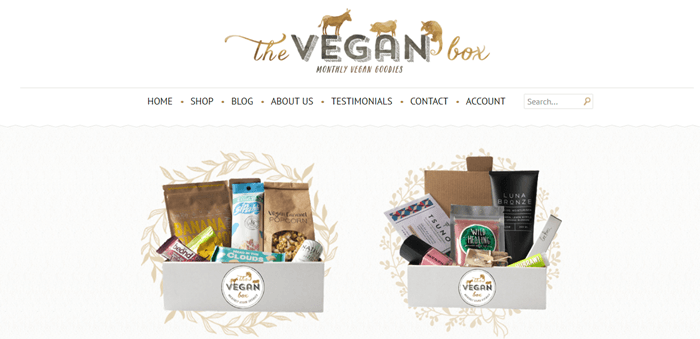 The Vegan Box website screenshot featuring two different boxes from the company, one that contains snacks and the other that contains beauty products. 