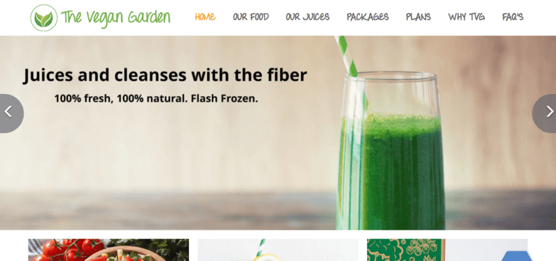 The Vegan Garden website screenshot showing a glass of green juice along with details about fiber