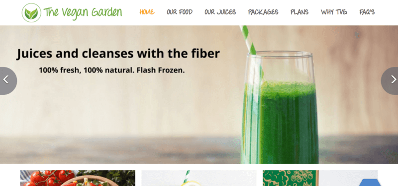 The Vegan Garden website screenshot showing a glass of green juice