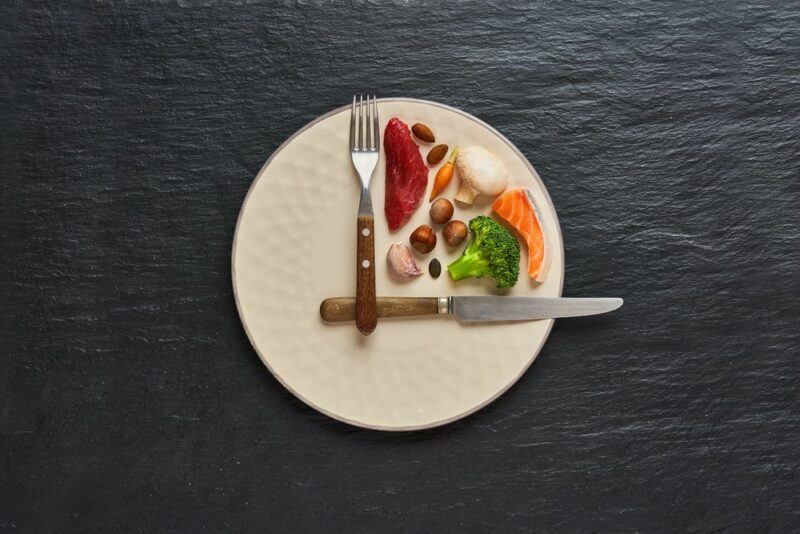 A white plate designed to look like a clock with food in just one quarter of it