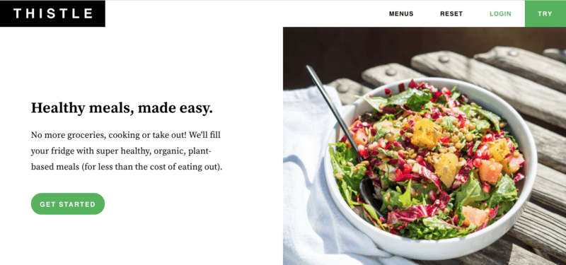 Thistle website screenshot showing a power bowl with kale, red cabbage and pomegranate seeds. 