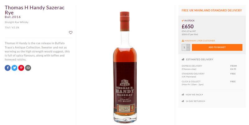 A bottle of Thomas H Handy Sazerac Rhy Whiskey with details and pricing information