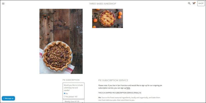 screenshot of Three Babes Bakeshop Pie Subscription's web page, dominantly white page with the website's name on top, the page is displaying a couple of images of pie and the pie subscription details