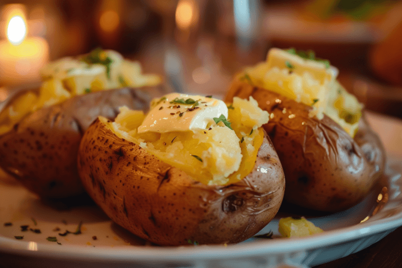 A large white plate with three baked potatoes with butter in the candlelight