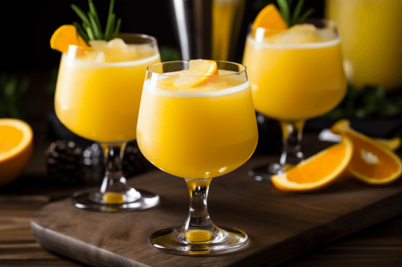 Three fuzzy navel cocktails on a wooden table, each with a slice of orange. There are some orange wedges on the table as well.