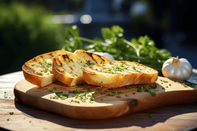 A wooden board with three slices of garlic bread