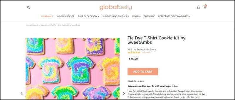 A website screenshot showing t-shirt cookies that have been decorated using a tie dye style