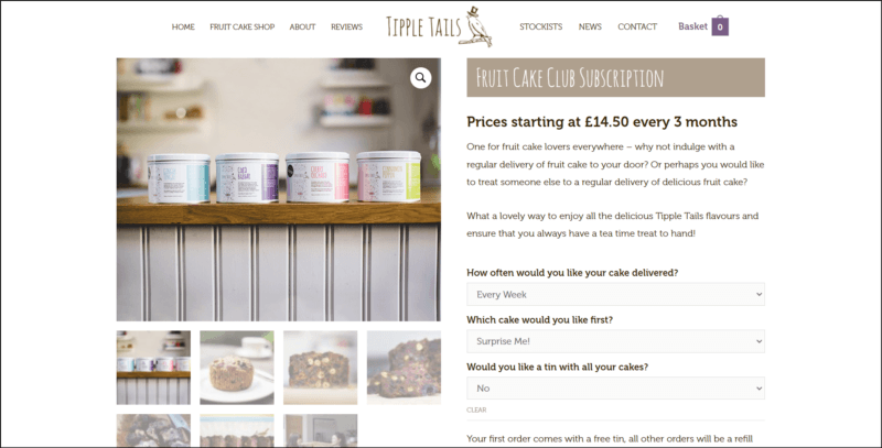 screenshot of Tipple Tails Fruit Cake Club Subscription's web page, dominantly white page with the website's logo on top along with the main navigation menu, the main content area displays the details of the cake subscription accompanied by images of pound cakes