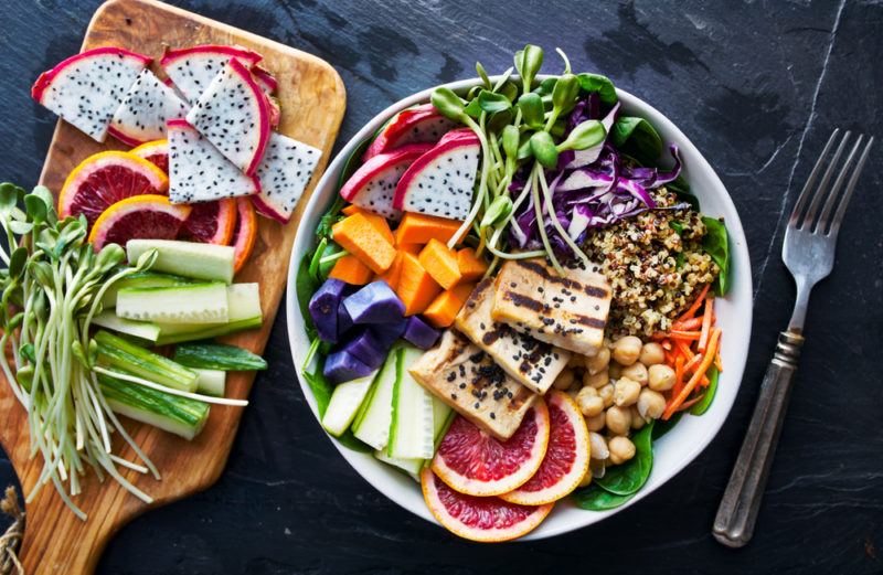 A bowl of tofu, dragonfruit and other healthy ingredients