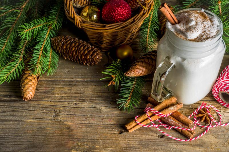 A hot eggnog or Tom and Jerry cocktail in a mason jar