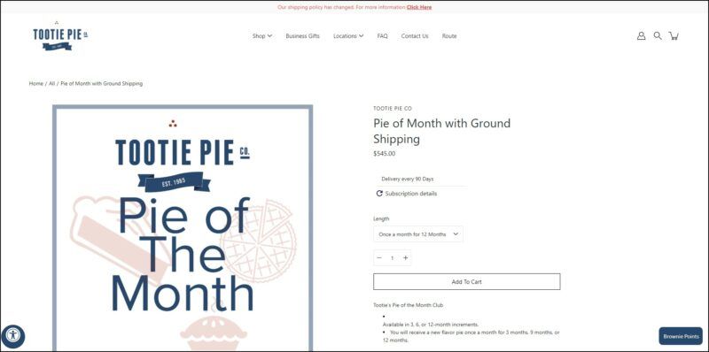 screenshot of Tootie Pie Co. Pie of the Month Club's web page, white-colored page with the website's logo on top alongside the main menu, the page is displaying the details of the pie membership plans