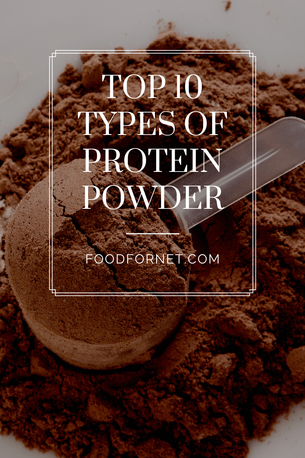 A scoop of chocolate protein powder on top of a mound of chocolate protein powder