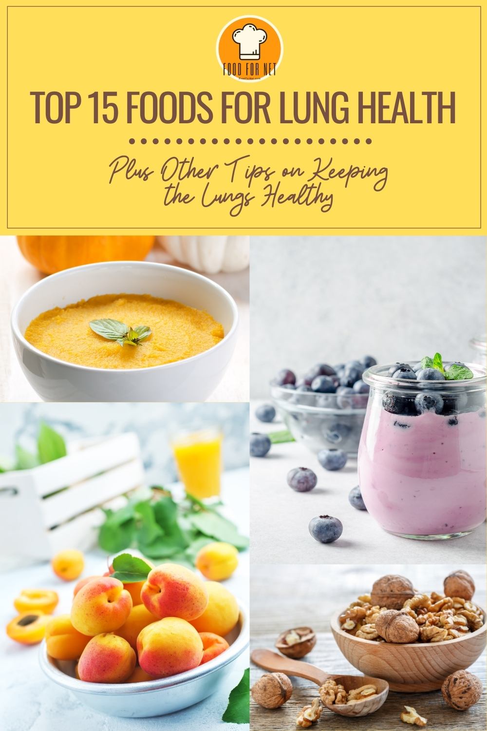 Photo collage of pumpkin soup, blueberry smoothie with fresh blueberries, bowl of apricot, and bowl of walnuts.