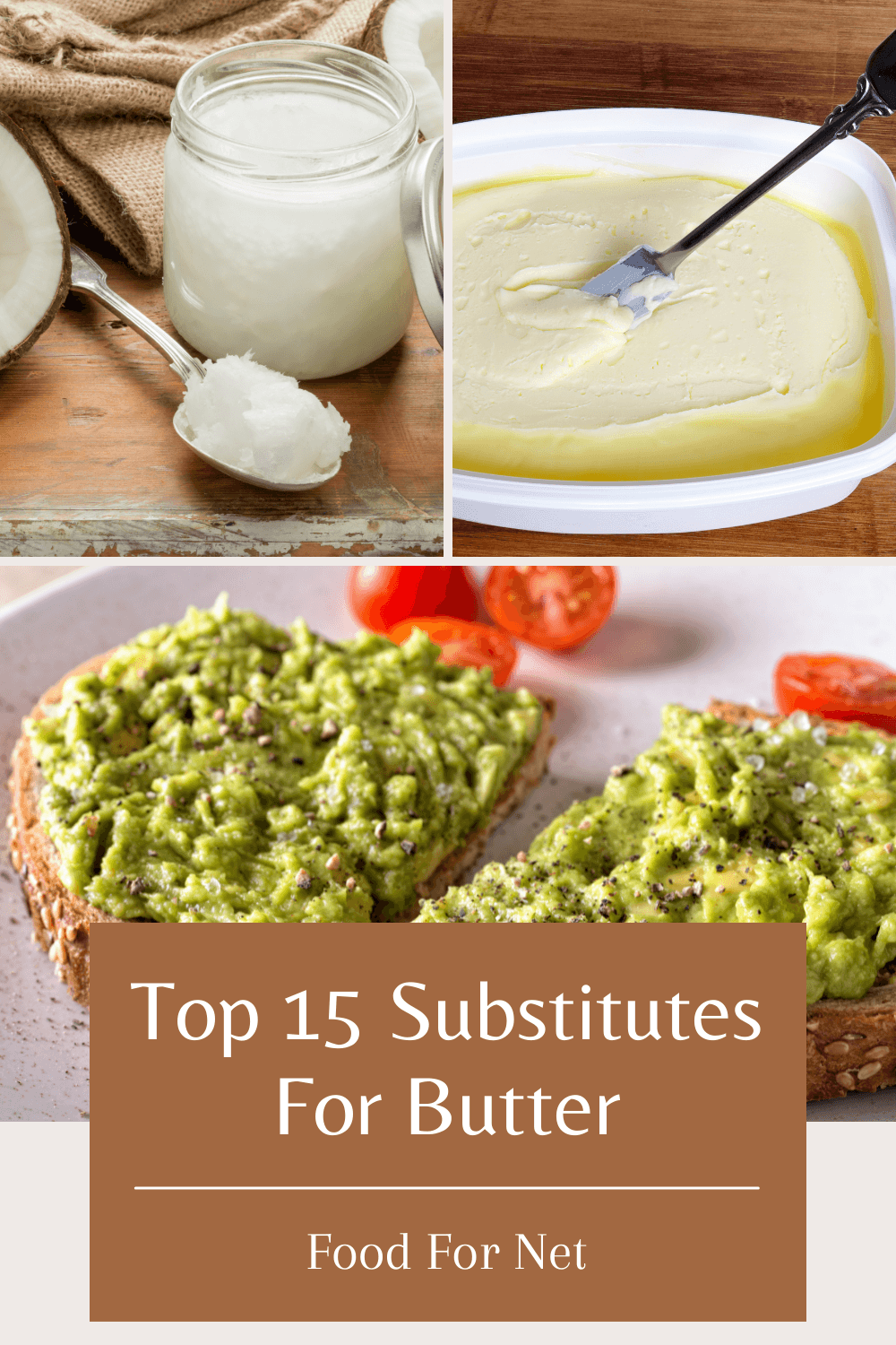 Coconut oil, plant-based butter, and avocado, highlighting the idea of substitutes for butter