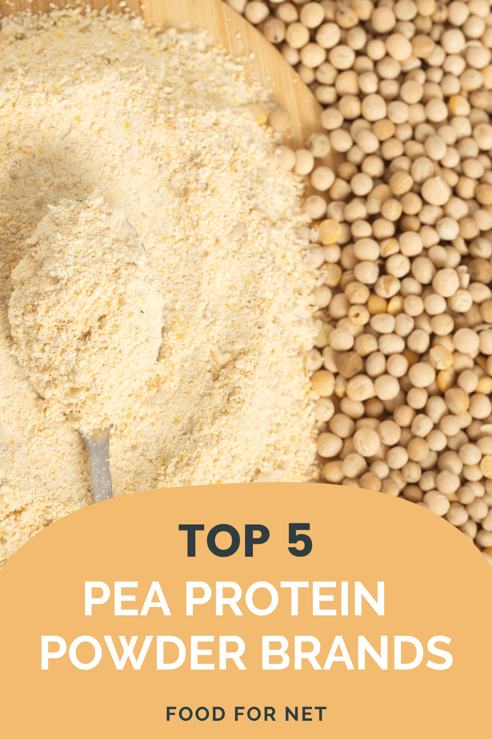 A pile of pea protein powder next to dried peas, highlighting the top pea protein brands