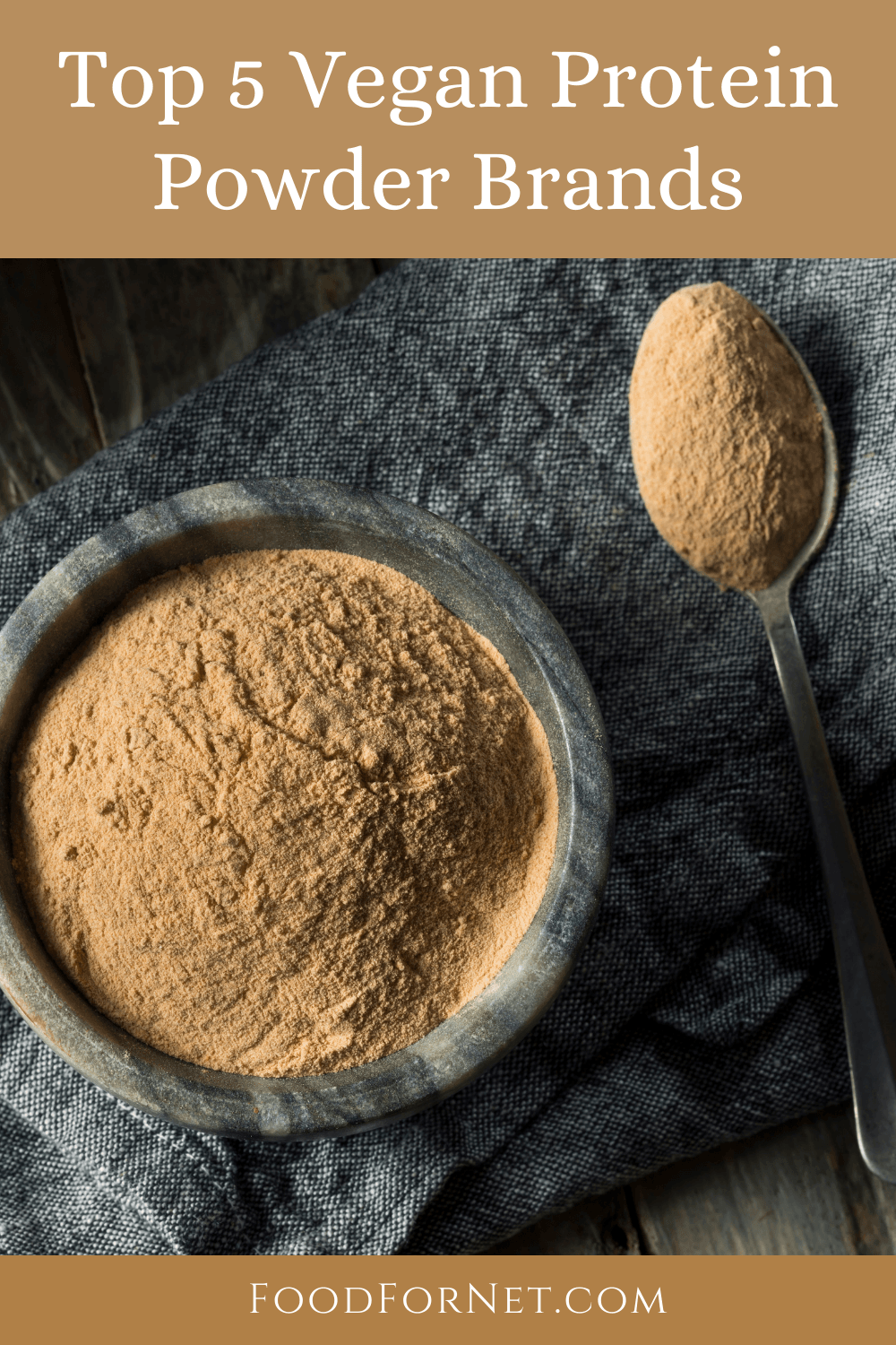 A dark bowl containing chocolate vegan protein powder, with a spoon of the powder, highlighting the best vegan protein powder brands