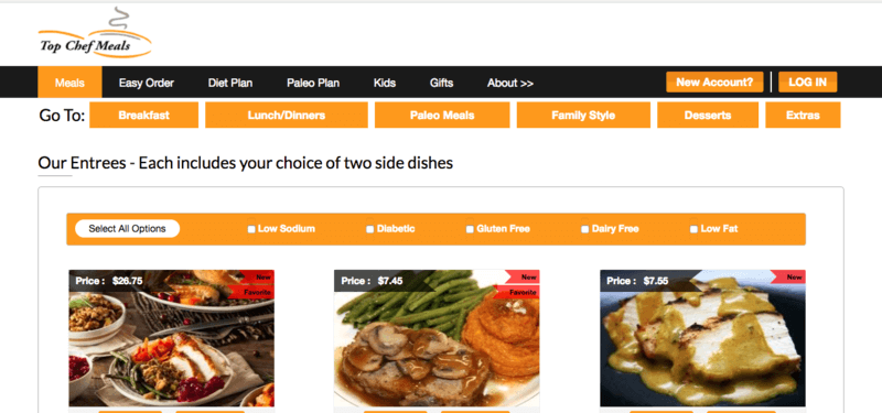 Top Chef Meals website screenshot showing a meatloaf and two chicken meals