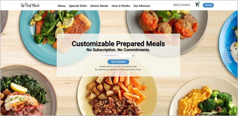 screenshot of Top Chef Meals homepage with a number of beautifully plated dishes with a 'get started' box in the middle