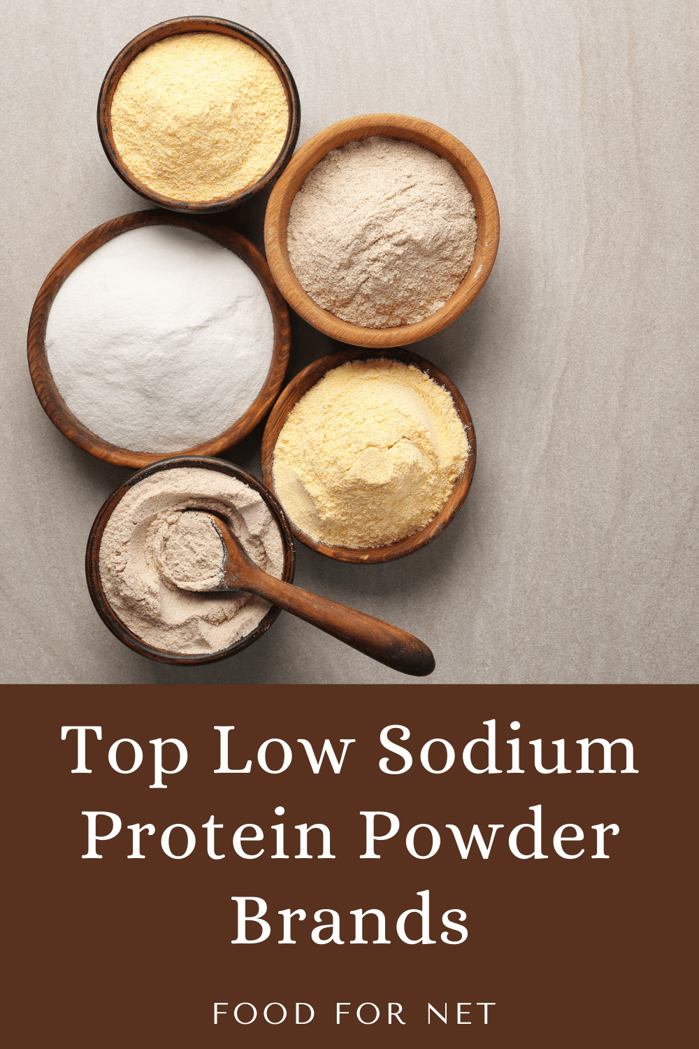 Wooden bowls of protein powder, showing some of the top low sodium protein powder brands