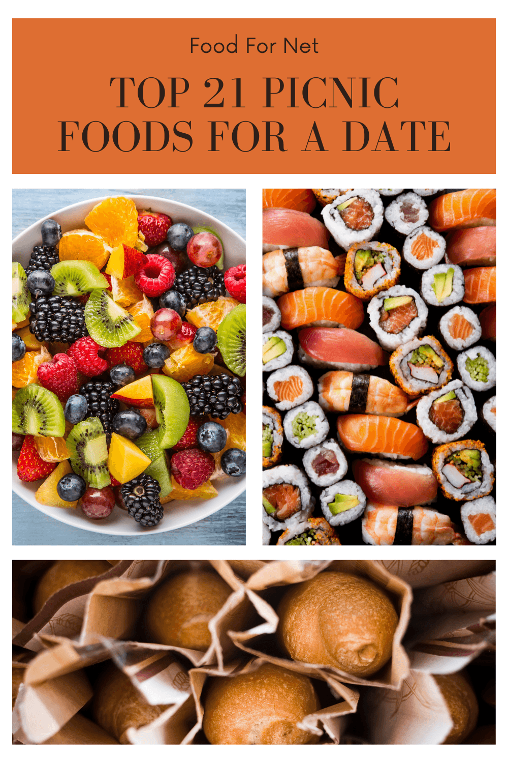 A selection of different picnic foods for a date, including a fresh fruit salad, sushi, and freshly baked bread