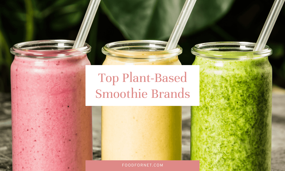 Three smoothies in mason jars with straws, looking at the best plant-based smoothie brands