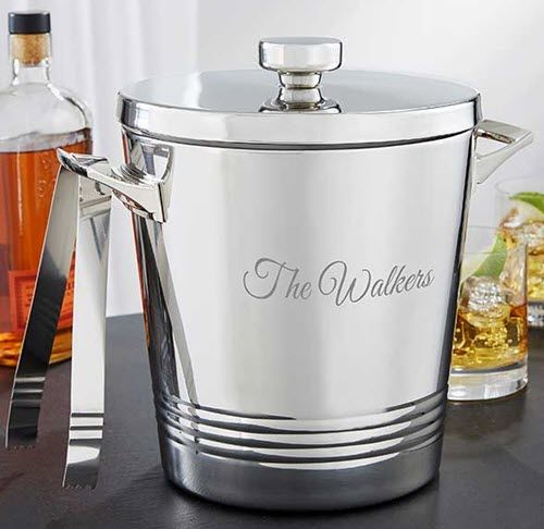 Top Shelf Personalized Ice Bucket With Tongs | Food For Net A silver ice bucket with tongs