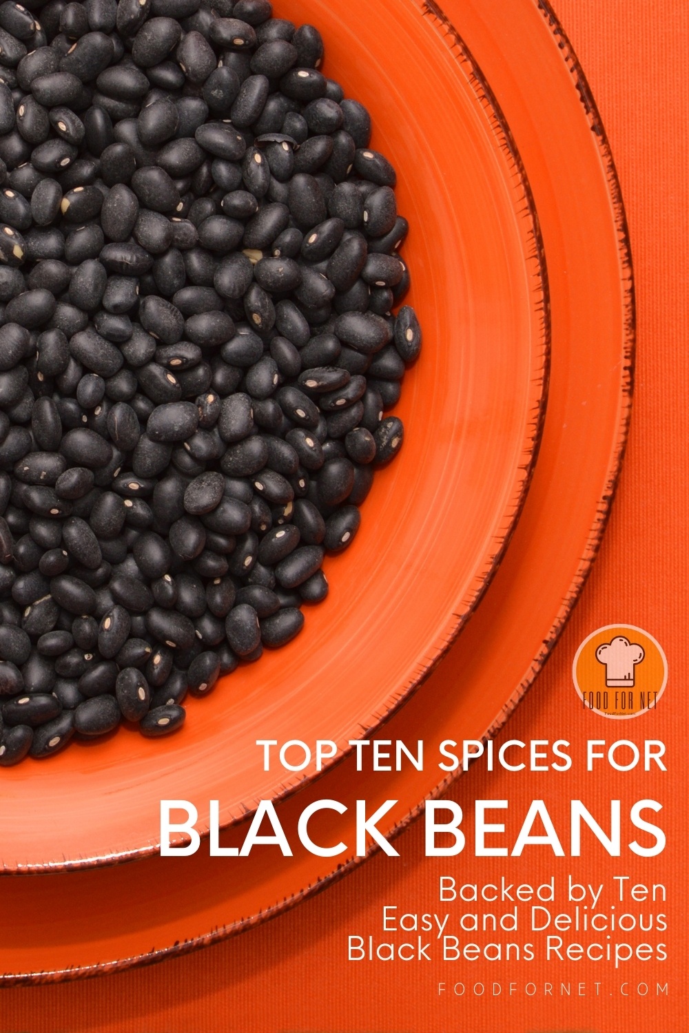 Spices for Black Beans. a top view image of an orange charger plate with an orange plate full of black beans, with text overlay "Top Ten Spices for Black Beans Backed by Ten Easy and Delicious Black Beans Recipes"