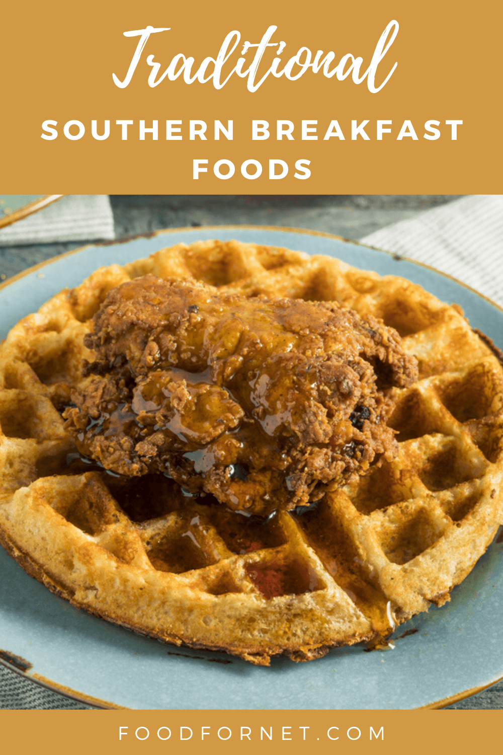 Homemade waffles with fried chicken and syrup