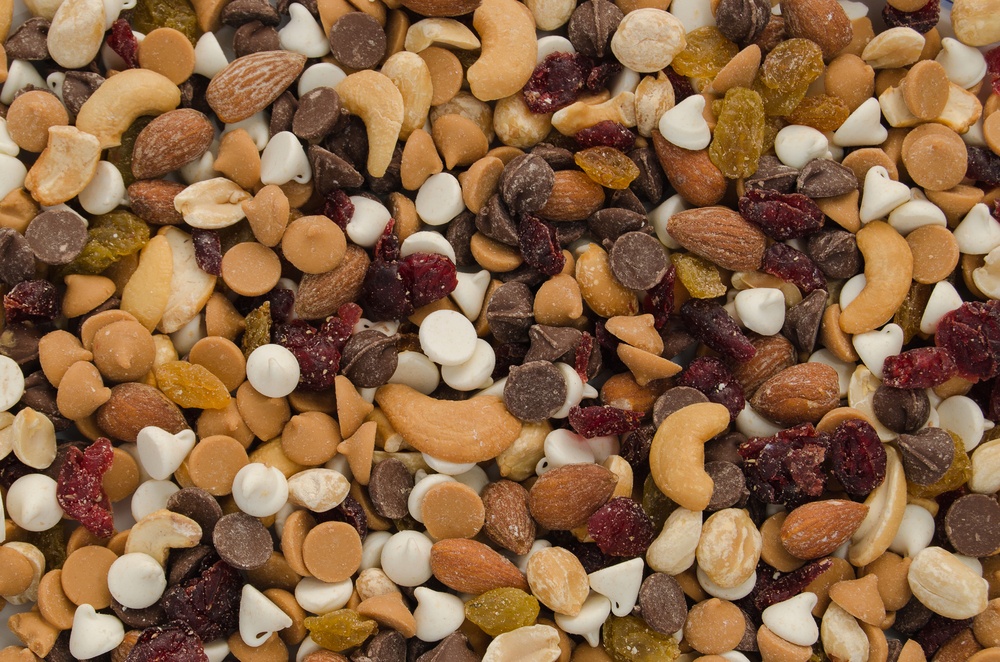 Trail mix that is made with milk and white chocolate, along with nuts