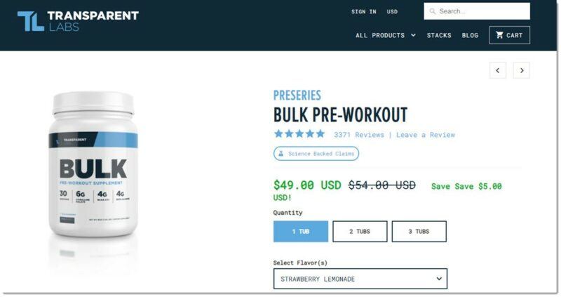 Transparent Labs Pre Series Bulk, showing details about the supplement and an image of it