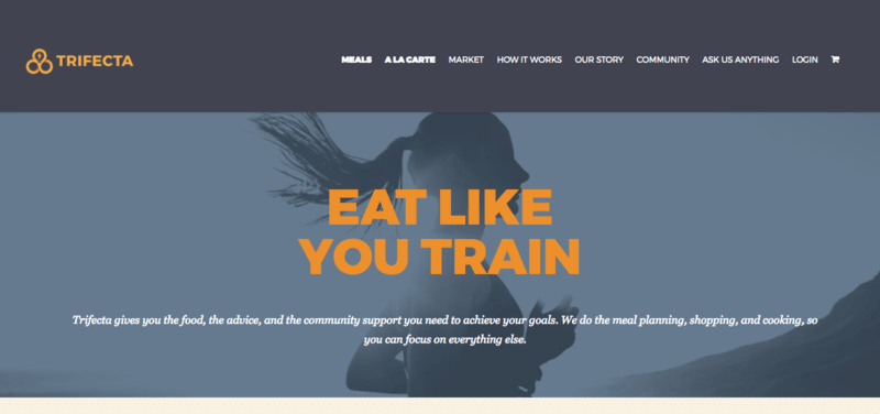 Trifecta website screenshot showing a woman running with the words 'Eat Like You Train'