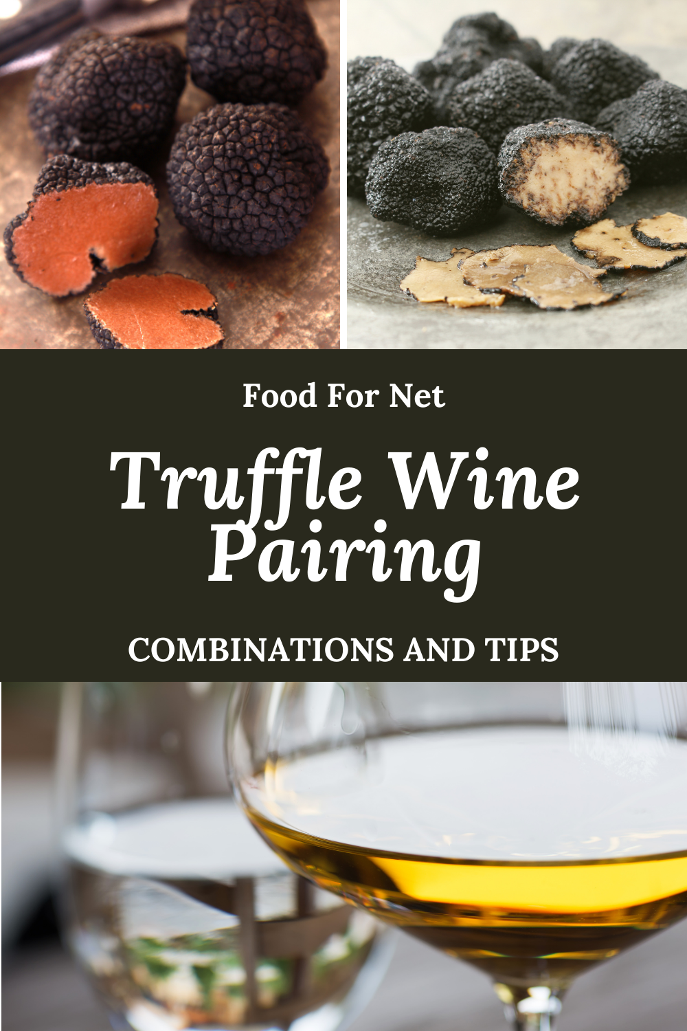 A selection of black truffles and white truffles, some of which have been sliced, along with two glasses of white wine