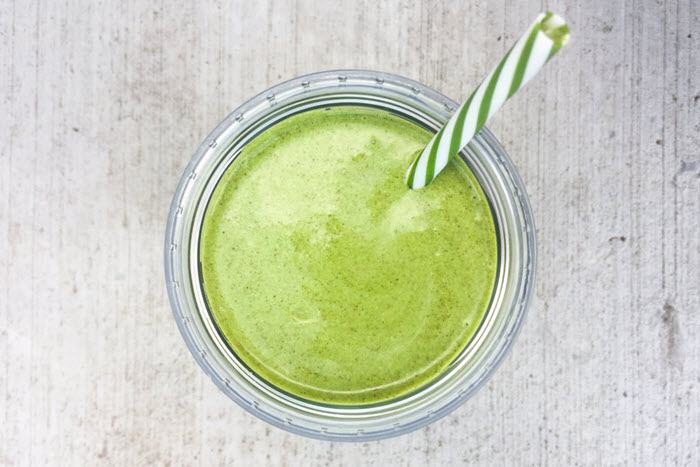 Turmeric Chai Spice Green Smoothie | Food For Net Top down image of a green smoothie