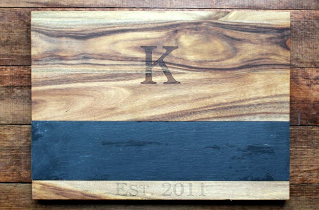 Twine-Cutting-Board-With-Slate | Food For Net Wooden cutting board with a monogram and slate tray