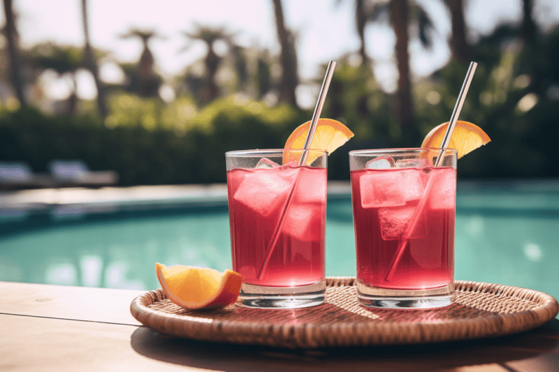 Two glasses containing a cape codder cocktail with ice, a straw and a citrus wedge, sitting on a tray in front of a pool